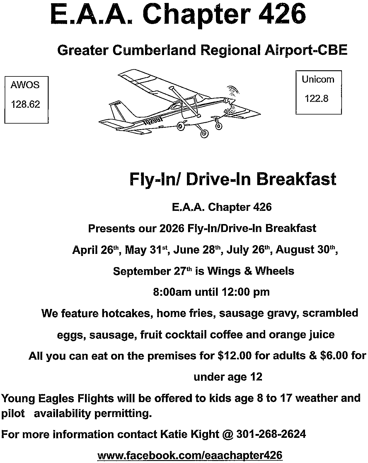 EAA Chapter 426 Fly-In and Drive-In Breakfast flyer with 2026 event dates and pricing